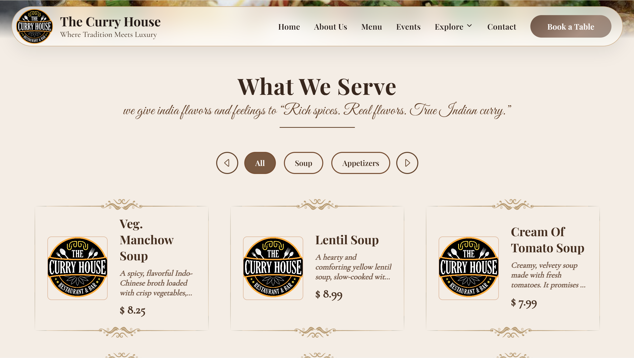 The Curry House — menu presented as a tasting journey